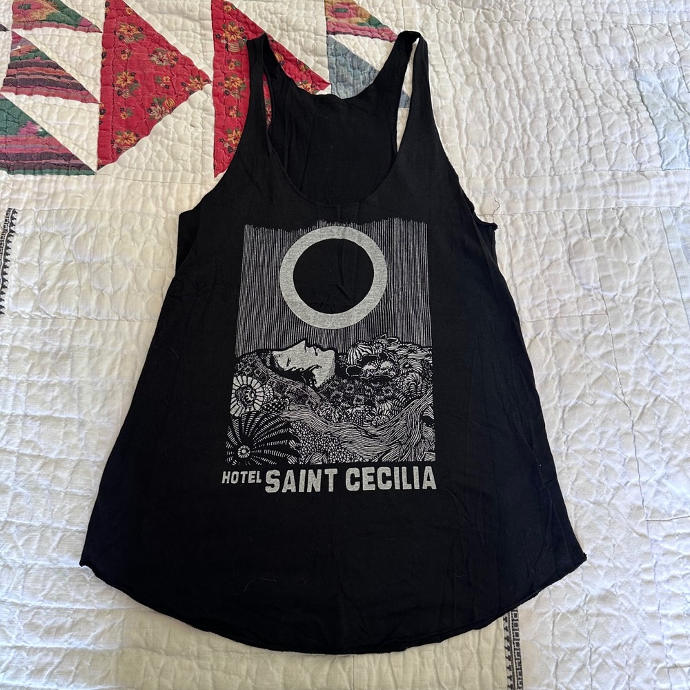 Jerico Hotel Saint Cecilia Tank Top Black Bamboo Graphic Racerback Austin TX L